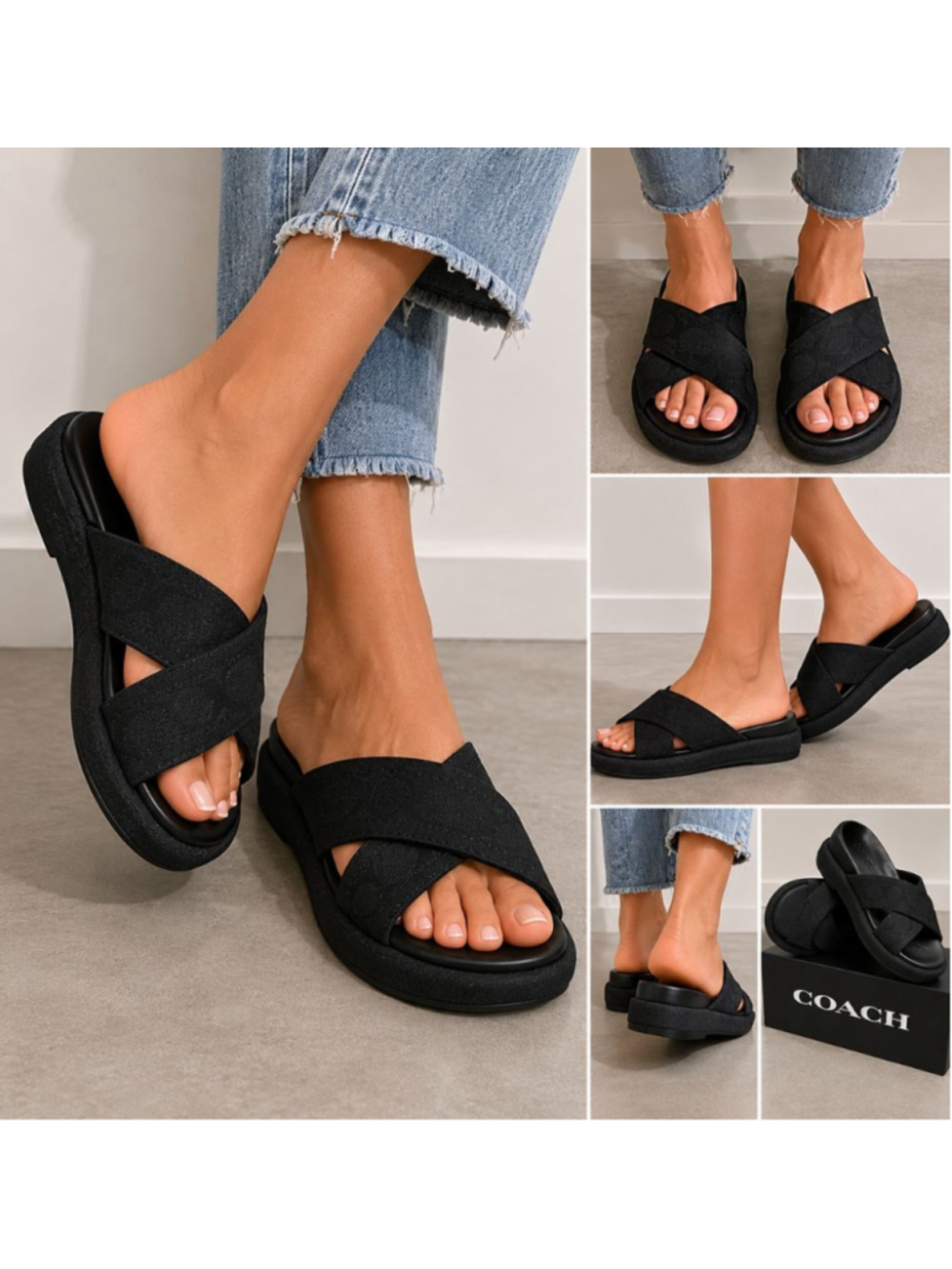 Coach Penelope Sig C Canvas Slides Black Platform Sandals Women’s Size 7 NIB